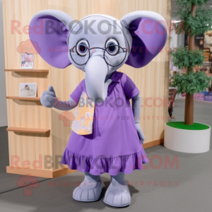 Lavender Elephant mascot costume character dressed with a Dress and Eyeglasses