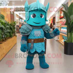 Teal Medieval Knight mascot costume character dressed with a Romper and Hair clips