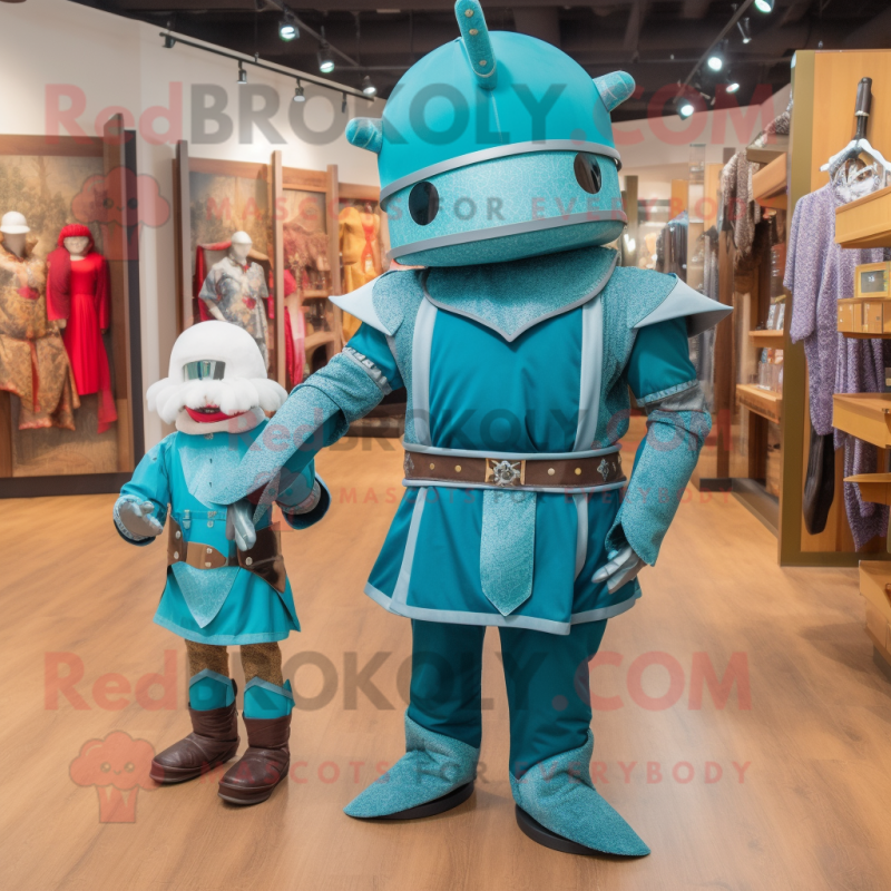 Teal Medieval Knight mascot costume character dressed with a Romper and Hair clips Teal Medieval Knight mascot costume character dressed with a Romper and Hair clips