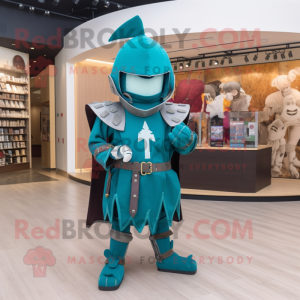 Teal Medieval Knight mascot costume character dressed with a Romper and Hair clips