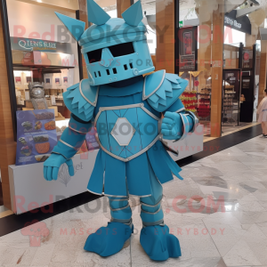 Teal Medieval Knight mascot costume character dressed with a Romper and Hair clips