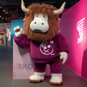Magenta Yak mascot costume character dressed with a Sweatshirt and Shoe clips