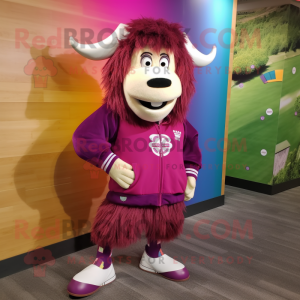 Magenta Yak mascot costume character dressed with a Sweatshirt and Shoe clips