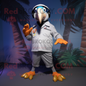 Silver Toucan mascot costume character dressed with a Chinos and Earrings