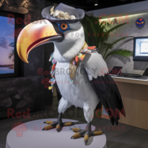 Silver Toucan mascot costume character dressed with a Chinos and Earrings