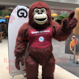 Maroon Gorilla mascot costume character dressed with a One-Piece Swimsuit and Lapel pins