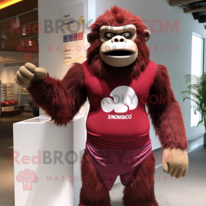 Maroon Gorilla mascot costume character dressed with a One-Piece Swimsuit and Lapel pins