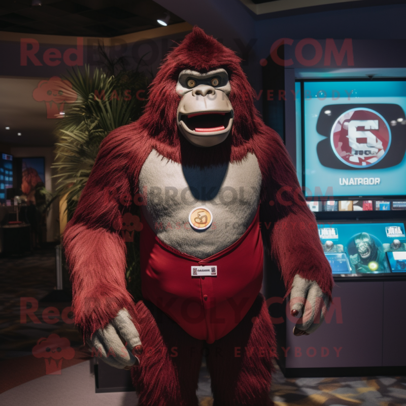 Maroon Gorilla mascot costume character dressed with a One-Piece Swimsuit and Lapel pins