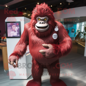 Maroon Gorilla mascot costume character dressed with a One-Piece Swimsuit and Lapel pins