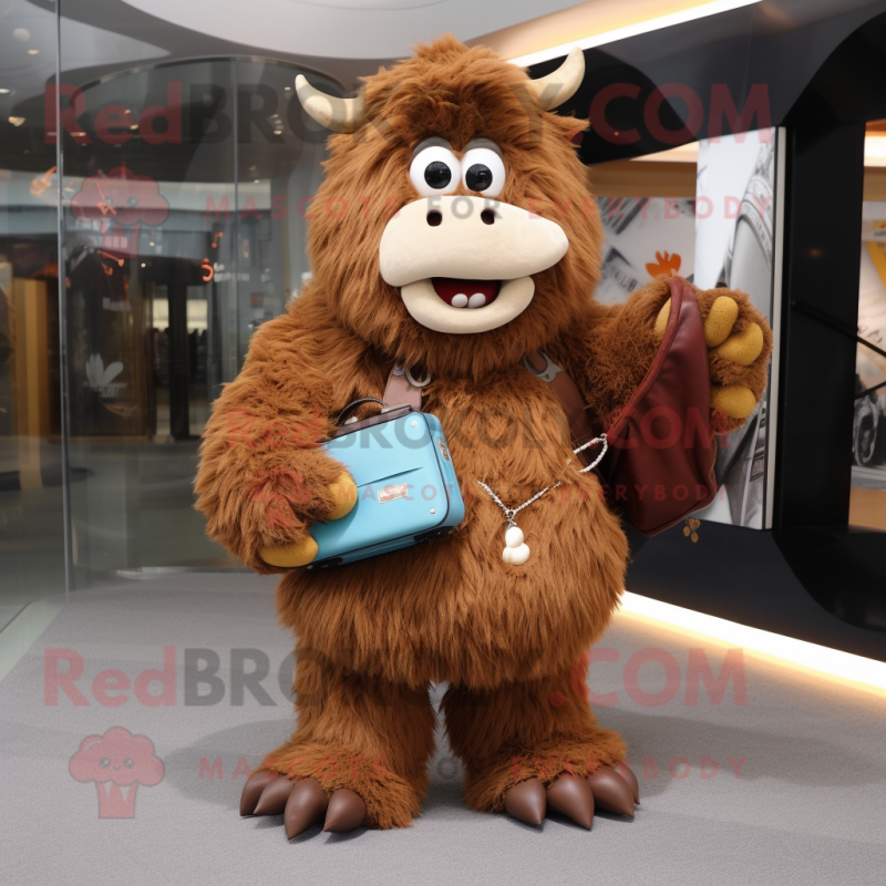 Brown Yak mascot costume character dressed with a Boyfriend Jeans and Clutch bags Brown Yak mascot costume character dressed with a Boyfriend Jeans and Clutch bags