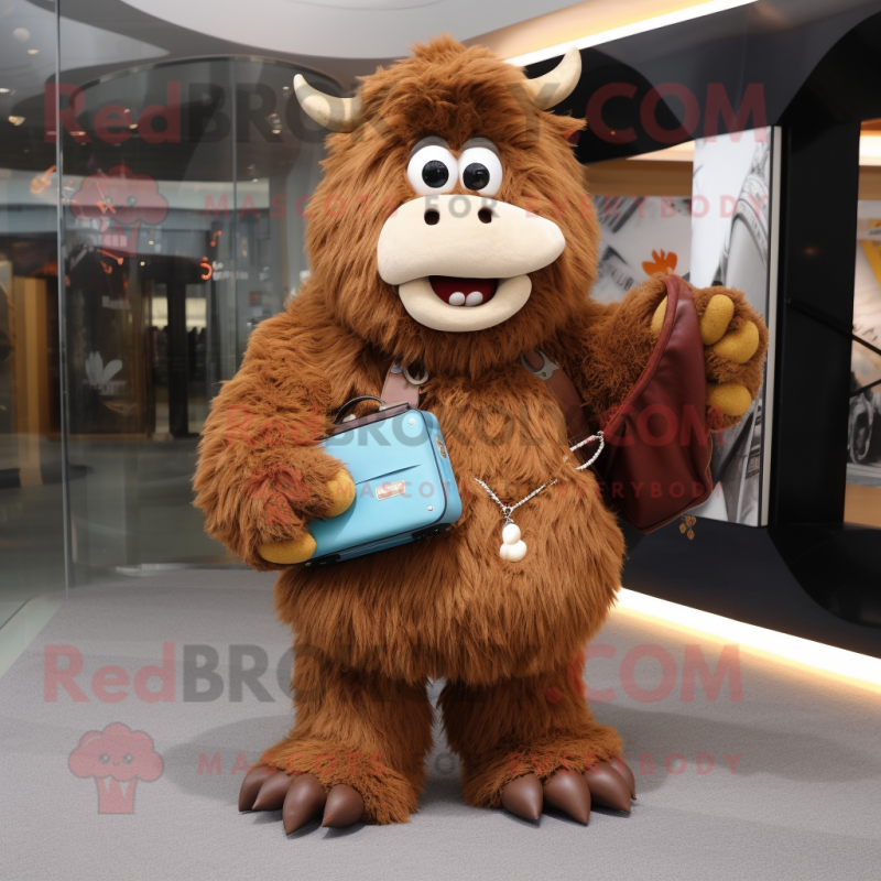 Brown Yak mascot costume character dressed with a Boyfriend Jeans and Clutch bags