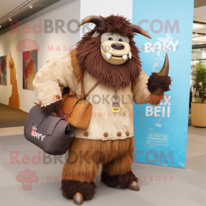 Brown Yak mascot costume character dressed with a Boyfriend Jeans and Clutch bags