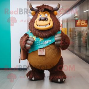 Brown Yak mascot costume character dressed with a Boyfriend Jeans and Clutch bags