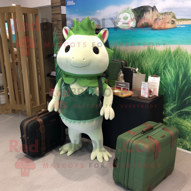 Forest Green Axolotls mascot costume character dressed with a Swimwear and Briefcases Forest Green Axolotls mascot costume character dressed with a Swimwear and Briefcases