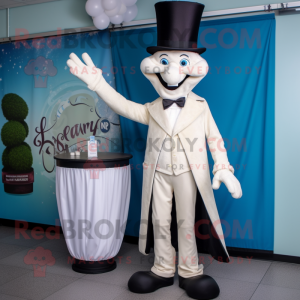 Cream Magician mascot costume character dressed with a Skinny Jeans and Tie pins