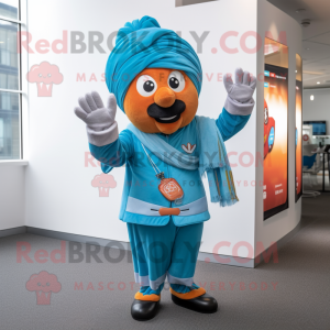 Sky Blue Tikka Masala mascot costume character dressed with a Jacket and Beanies