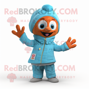 Sky Blue Tikka Masala mascot costume character dressed with a Jacket and Beanies