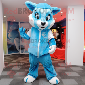 Sky Blue Fox mascot costume character dressed with a Romper and Headbands