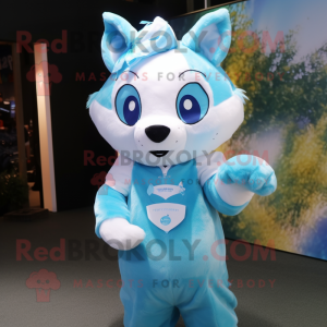 Sky Blue Fox mascot costume character dressed with a Romper and Headbands