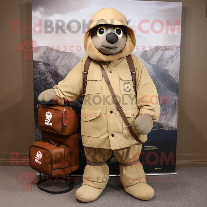 Tan Pepper mascot costume character dressed with a Parka and Briefcases Tan Pepper mascot costume character dressed with a Parka and Briefcases