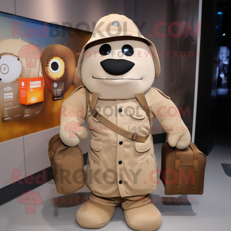 Tan Pepper mascot costume character dressed with a Parka and Briefcases