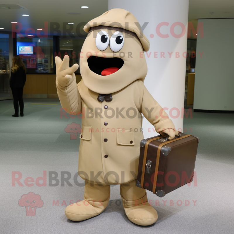 Tan Pepper mascot costume character dressed with a Parka and Briefcases Tan Pepper mascot costume character dressed with a Parka and Briefcases
