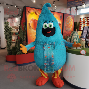 Turquoise Shakshuka mascot costume character dressed with a Trousers and Brooches