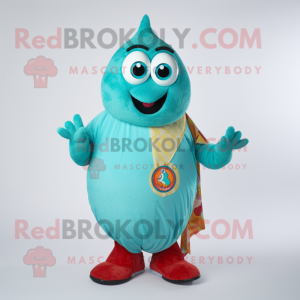 Turquoise Shakshuka mascot costume character dressed with a Trousers and Brooches