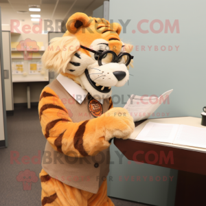 nan Saber-Toothed Tiger mascot costume character dressed with a Pencil Skirt and Reading glasses
