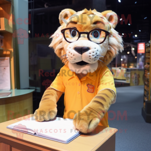 nan Saber-Toothed Tiger mascot costume character dressed with a Pencil Skirt and Reading glasses