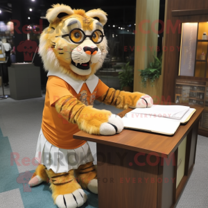 nan Saber-Toothed Tiger mascot costume character dressed with a Pencil Skirt and Reading glasses
