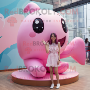 Pink Whale mascot costume character dressed with a Bikini and Earrings