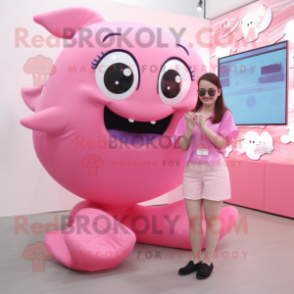 Pink Whale mascot costume character dressed with a Bikini and Earrings