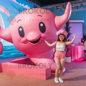 Pink Whale mascot costume character dressed with a Bikini and Earrings