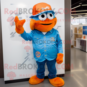 Blue Orange mascot costume character dressed with a Button-Up Shirt and Gloves