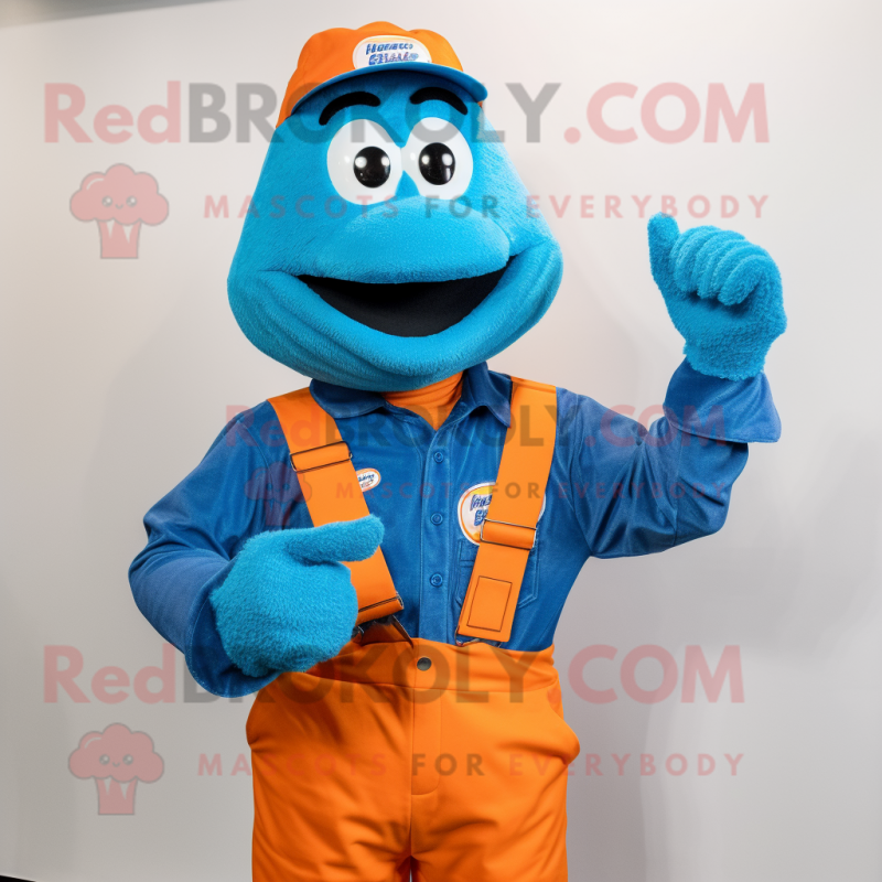 Blue Orange mascot costume character dressed with a Button-Up Shirt and Gloves