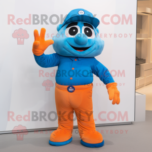 Blue Orange mascot costume character dressed with a Button-Up Shirt and Gloves