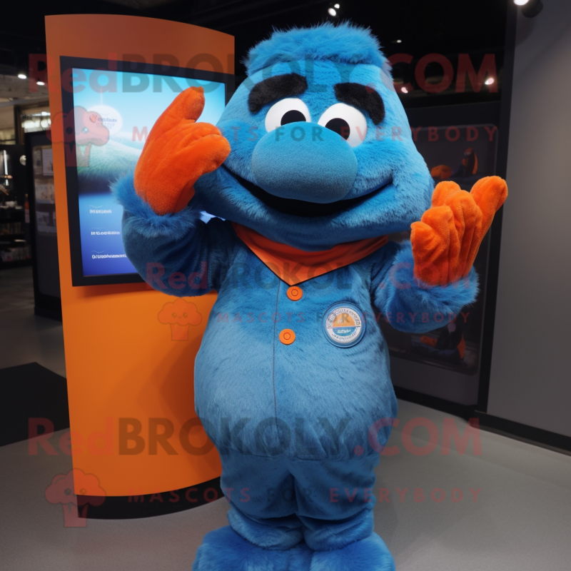 Blue Orange mascot costume character dressed with a Button-Up Shirt and Gloves