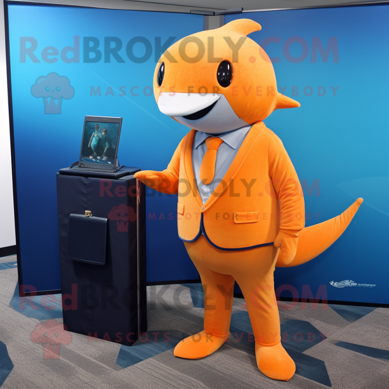 Orange Narwhal mascot costume character dressed with a Suit and Wallets