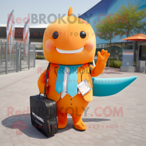 Orange Narwhal mascot costume character dressed with a Suit and Wallets