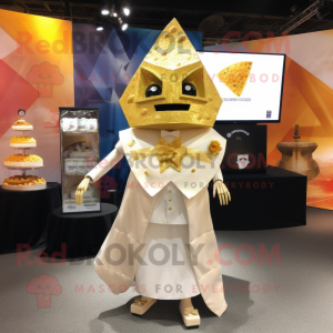 Gold Nachos mascot costume character dressed with a Wedding Dress and Lapel pins