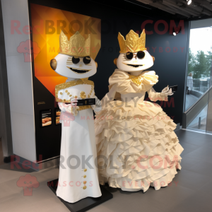 Gold Nachos mascot costume character dressed with a Wedding Dress and Lapel pins