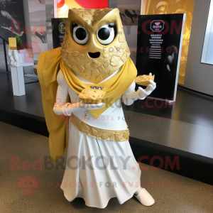 Gold Nachos mascot costume character dressed with a Wedding Dress and Lapel pins