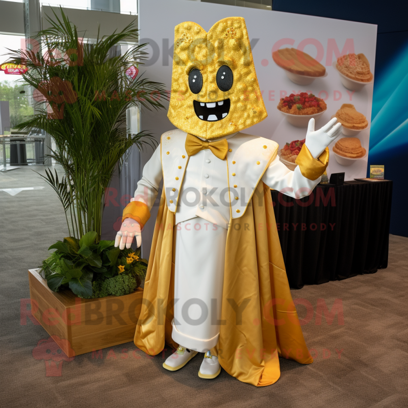 Gold Nachos mascot costume character dressed with a Wedding Dress and Lapel pins Gold Nachos mascot costume character dressed with a Wedding Dress and Lapel pins