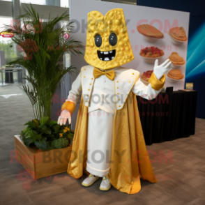 Gold Nachos mascot costume character dressed with a Wedding Dress and Lapel pins