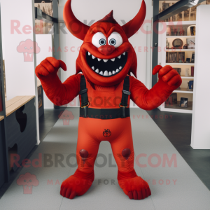 Red Demon mascot costume character dressed with a Dungarees and Belts