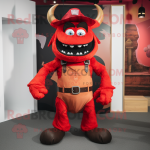Red Demon mascot costume character dressed with a Dungarees and Belts