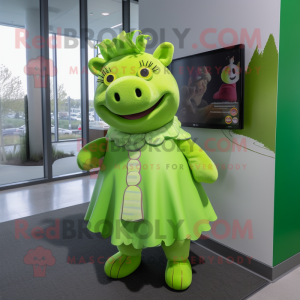 Lime Green Sow mascot costume character dressed with a Dress Pants and Hair clips