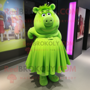 Lime Green Sow mascot costume character dressed with a Dress Pants and Hair clips