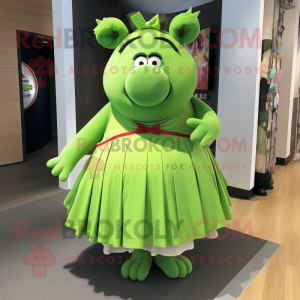Lime Green Sow mascot costume character dressed with a Dress Pants and Hair clips